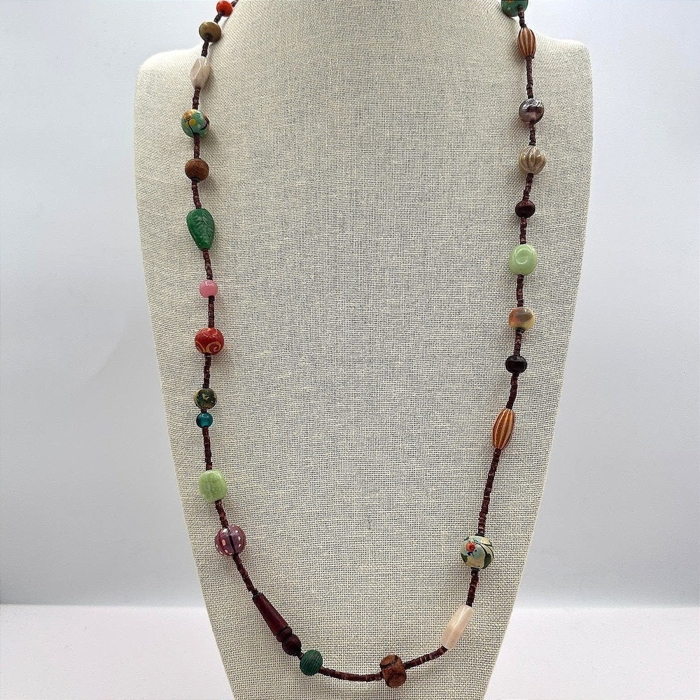 Vintage 80s Artisan Beaded Statement Necklace Boho Chic Bohemian Piece Jewelry
